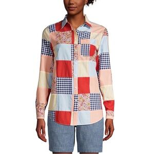 Land’s End Patchwork Cotton Boyfriend Fit Tunic Top Long Sleeve Size LP